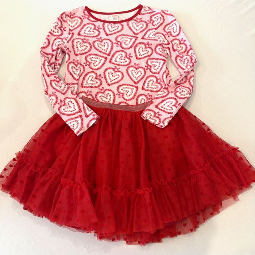 Gymboree Valentine’s Day Girls Sz 12 Pink Heart Top & Red Tulle Petticoat Skirt
